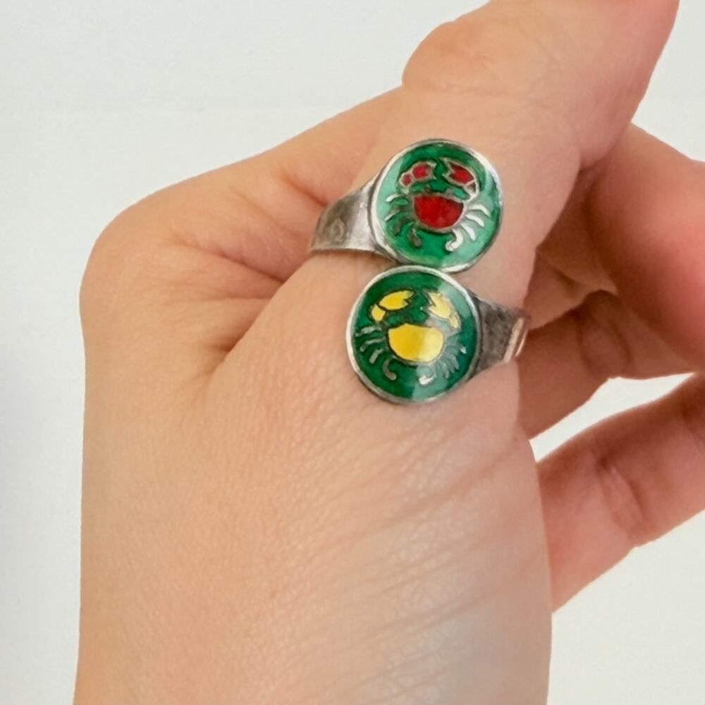 Green & Red Crab Sterling Silver Wrap Ring Adjustable Size 10.5